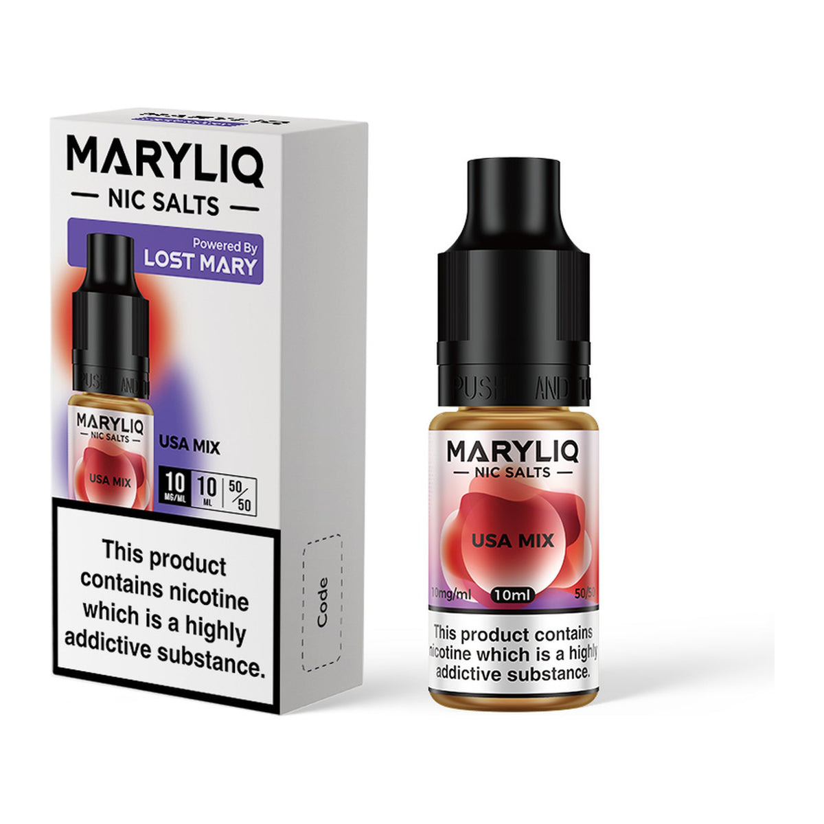 MARYLIQ USA Mix 10mg nic salt, bottle and box