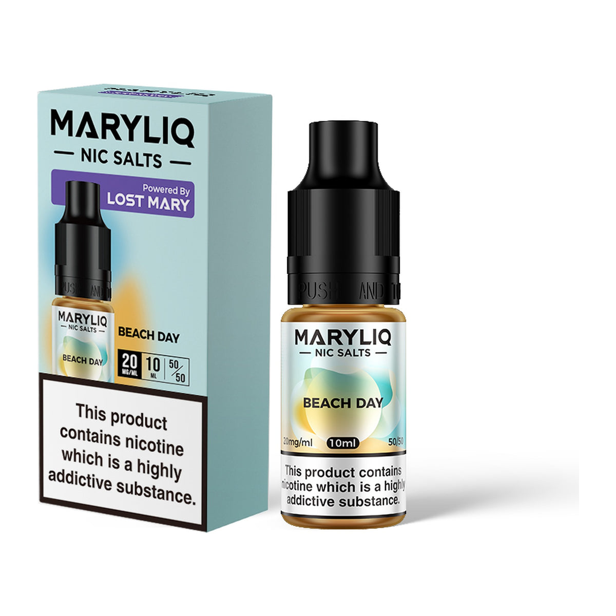 MARYLIQ Beach Day 20mg nic salt, bottle and box