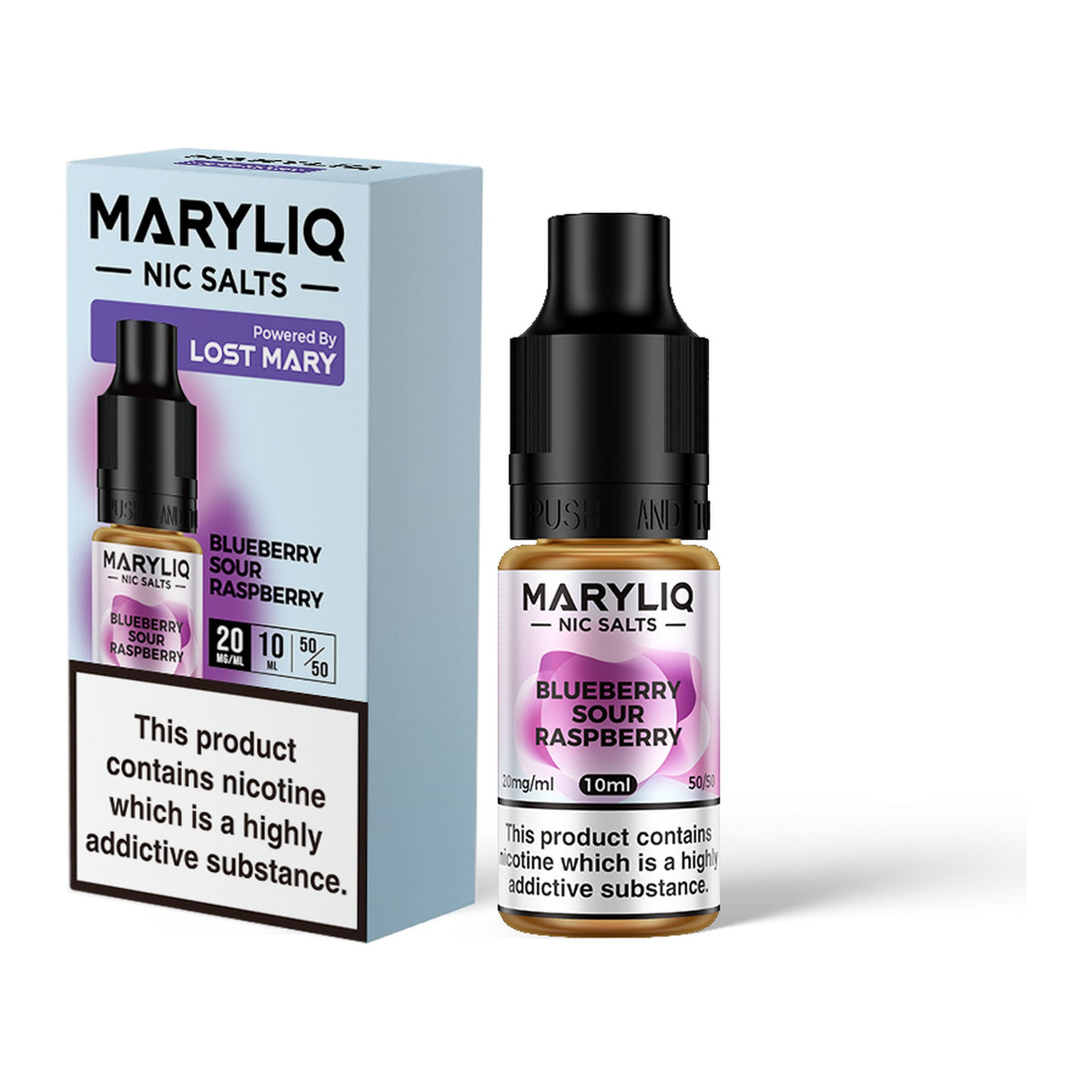 MARYLIQ Blueberry Sour Raspberry 20mg nic salt, bottle and box