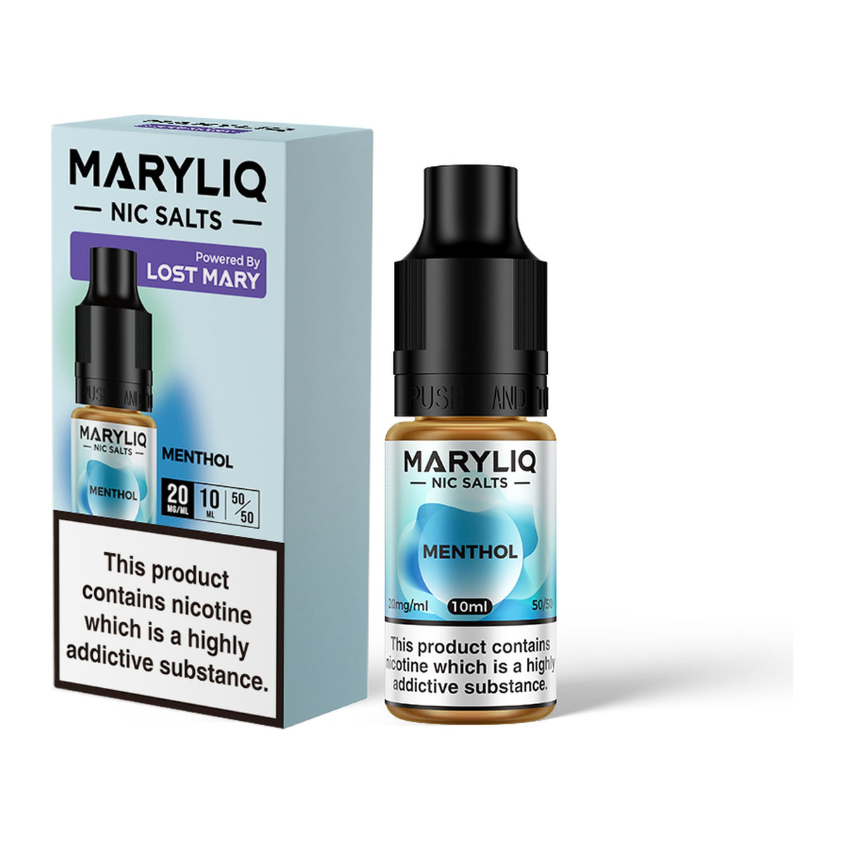 MARYLIQ Menthol 20mg nic salt, bottle and box