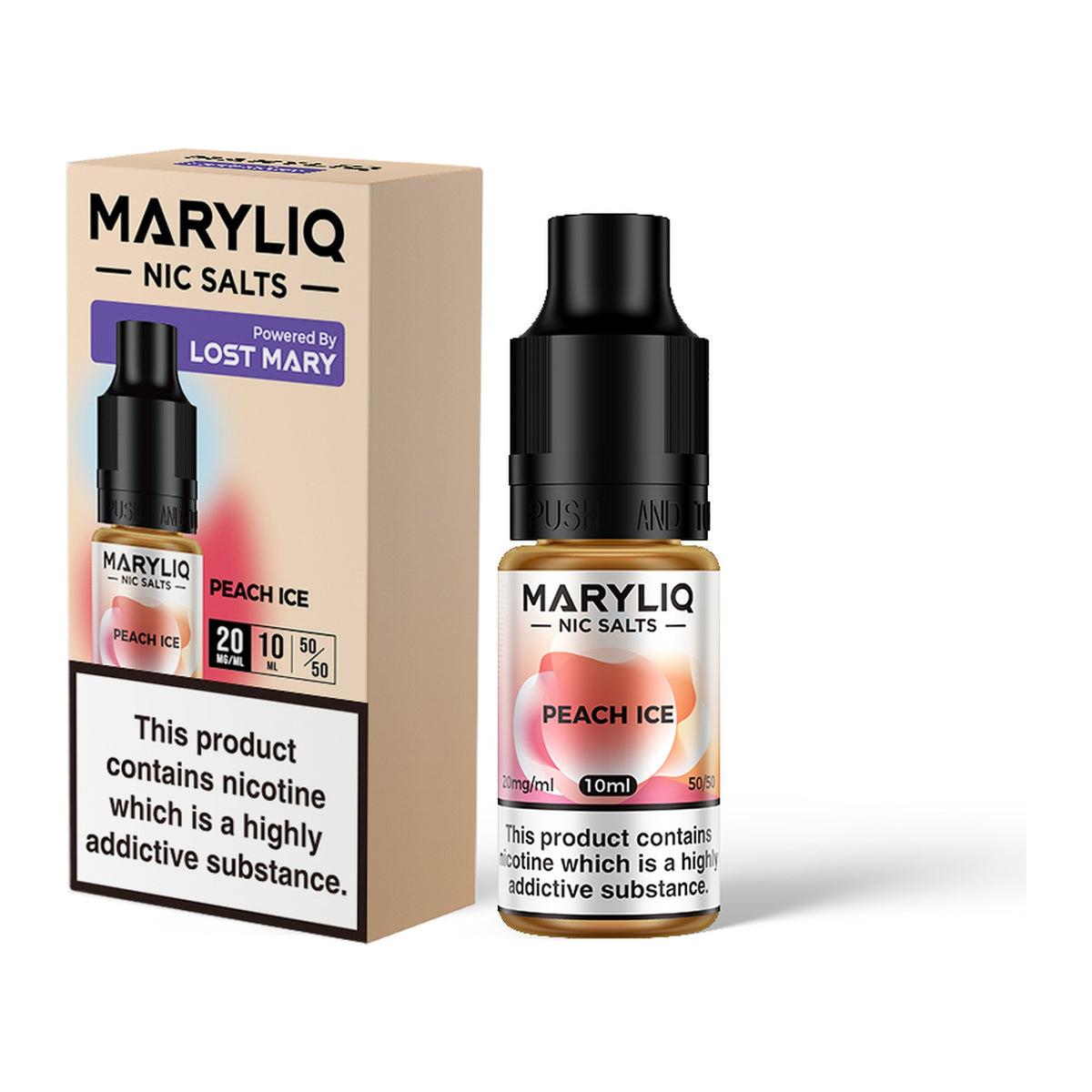MARYLIQ Peach Ice 20mg nic salt, bottle and box