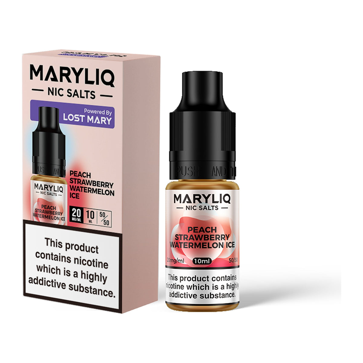 MARYLIQ Peach Strawberry Watermelon Ice 20mg nic salt, bottle and box