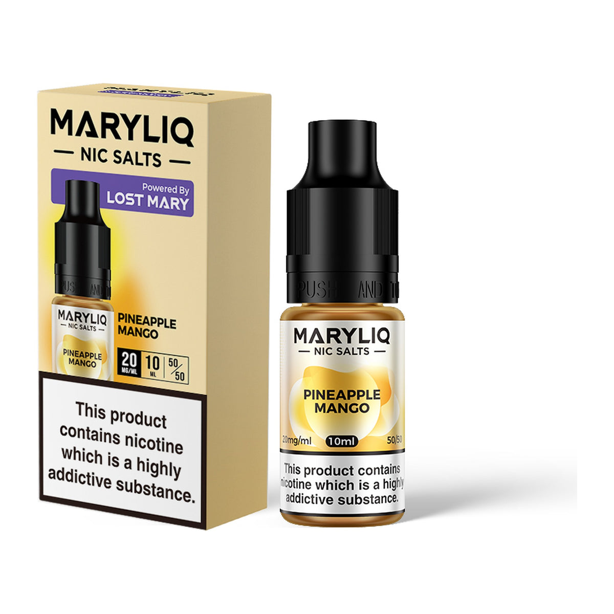 MARYLIQ Pineapple Mango 20mg nic salt, bottle and box