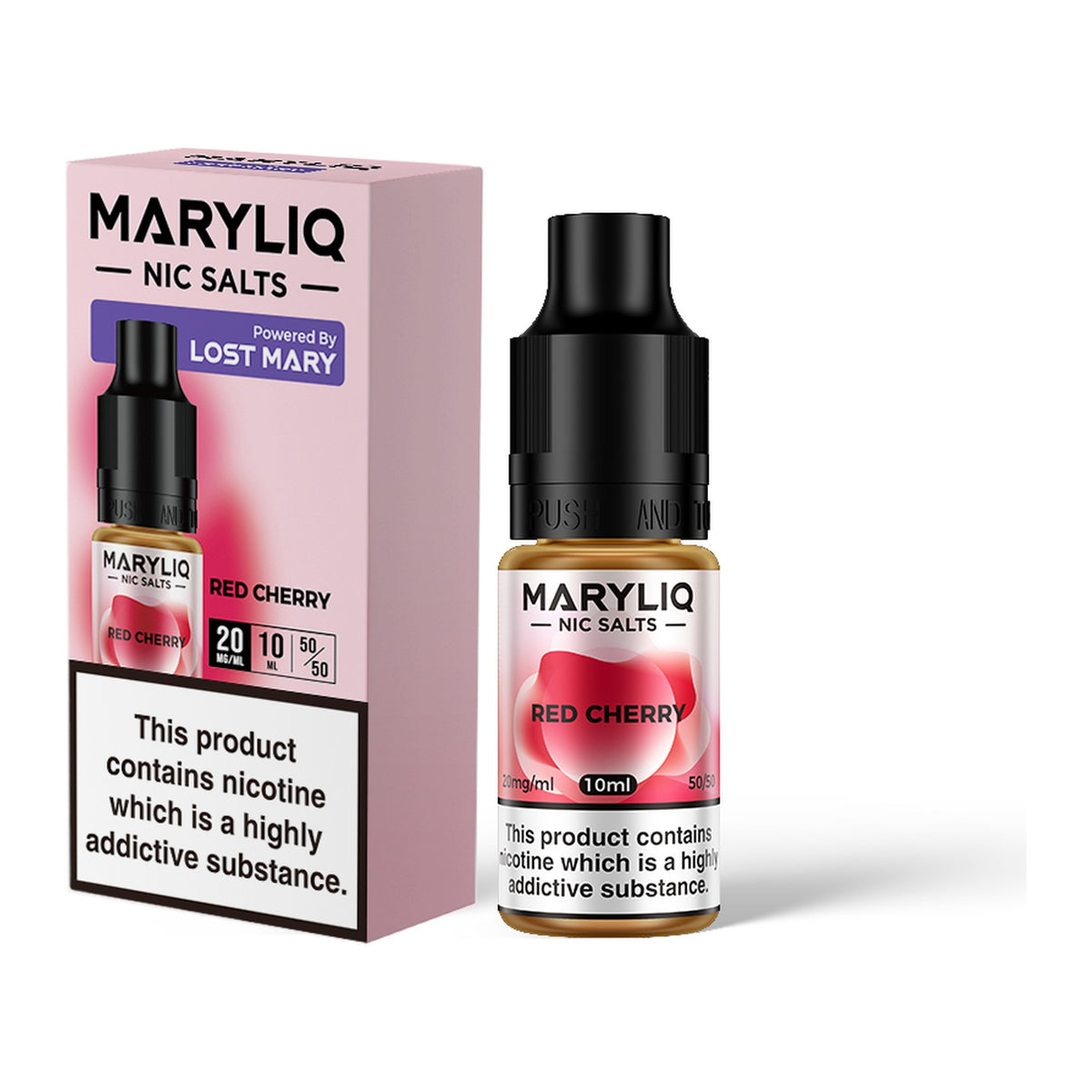 MARYLIQ Red Cherry 20mg nic salt, bottle and box