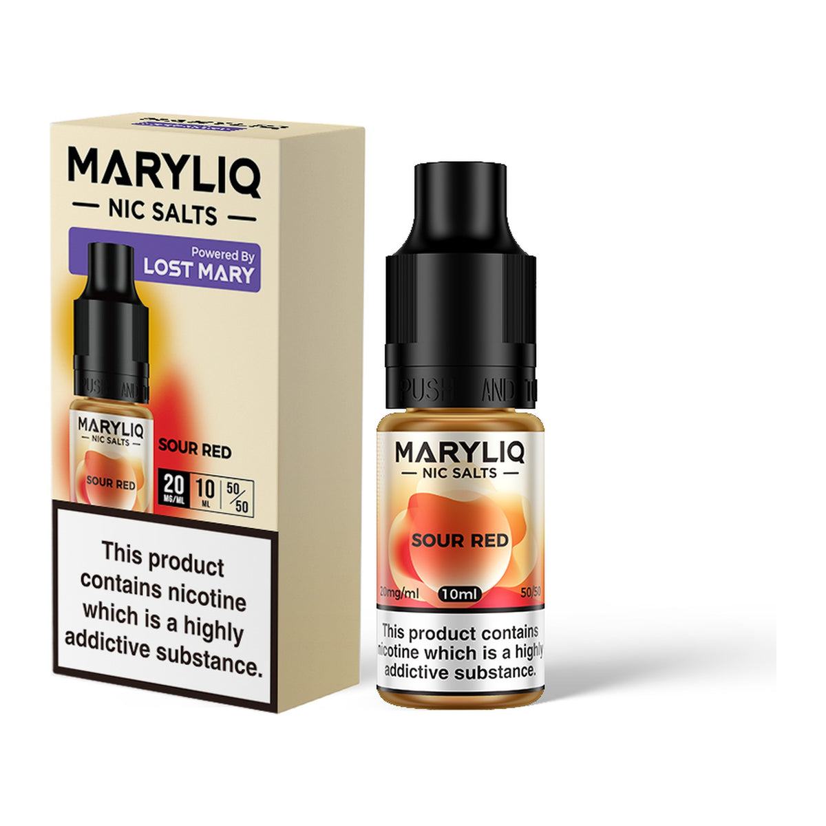MARYLIQ Sour Red 20mg nic salt, bottle and box