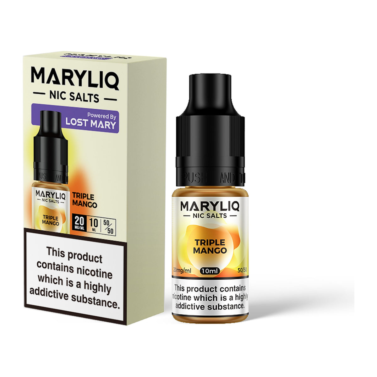 MARYLIQ Triple Mango 20mg nic salt, bottle and box
