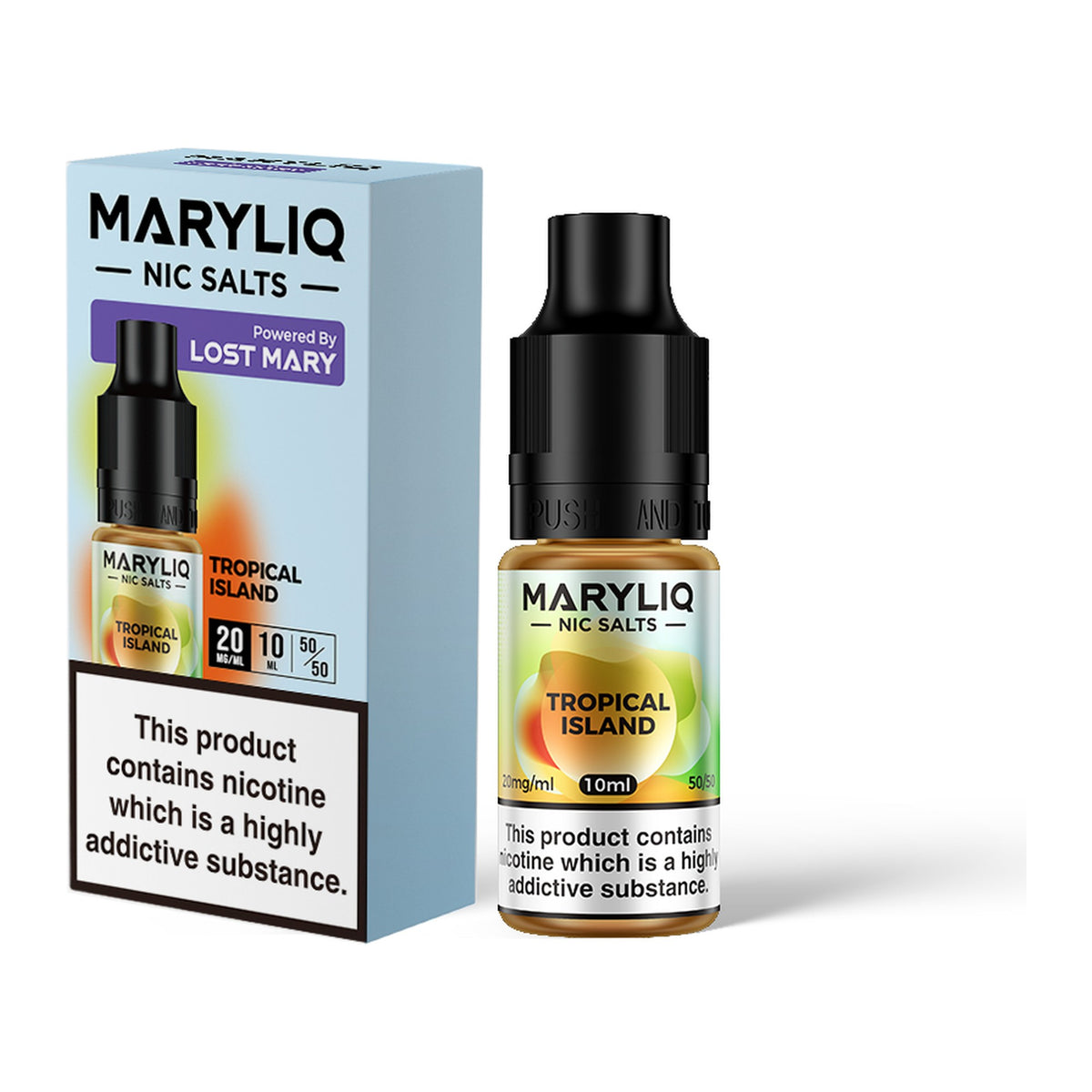 MARYLIQ Tropical Island 20mg nic salt, bottle and box