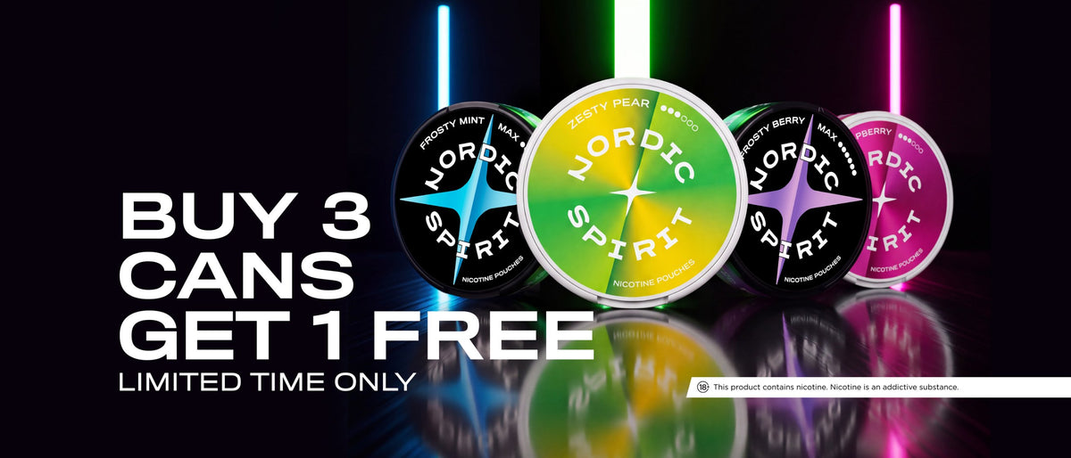 Nordic Spirit nicotine pouches, buy 3 cans, get 1 free, limited time only