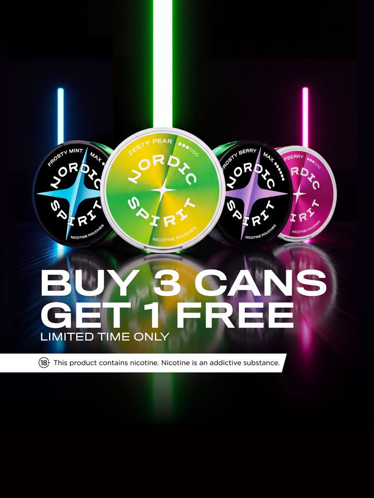 Nordic Spirit nicotine pouches, buy 3 cans, get 1 free, limited time only