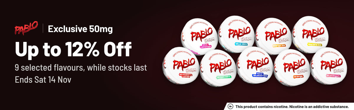 PABLO Exclusive 50mg, up to 12% off 9 selected flavours while stocks last, ends Sat 14 Nov